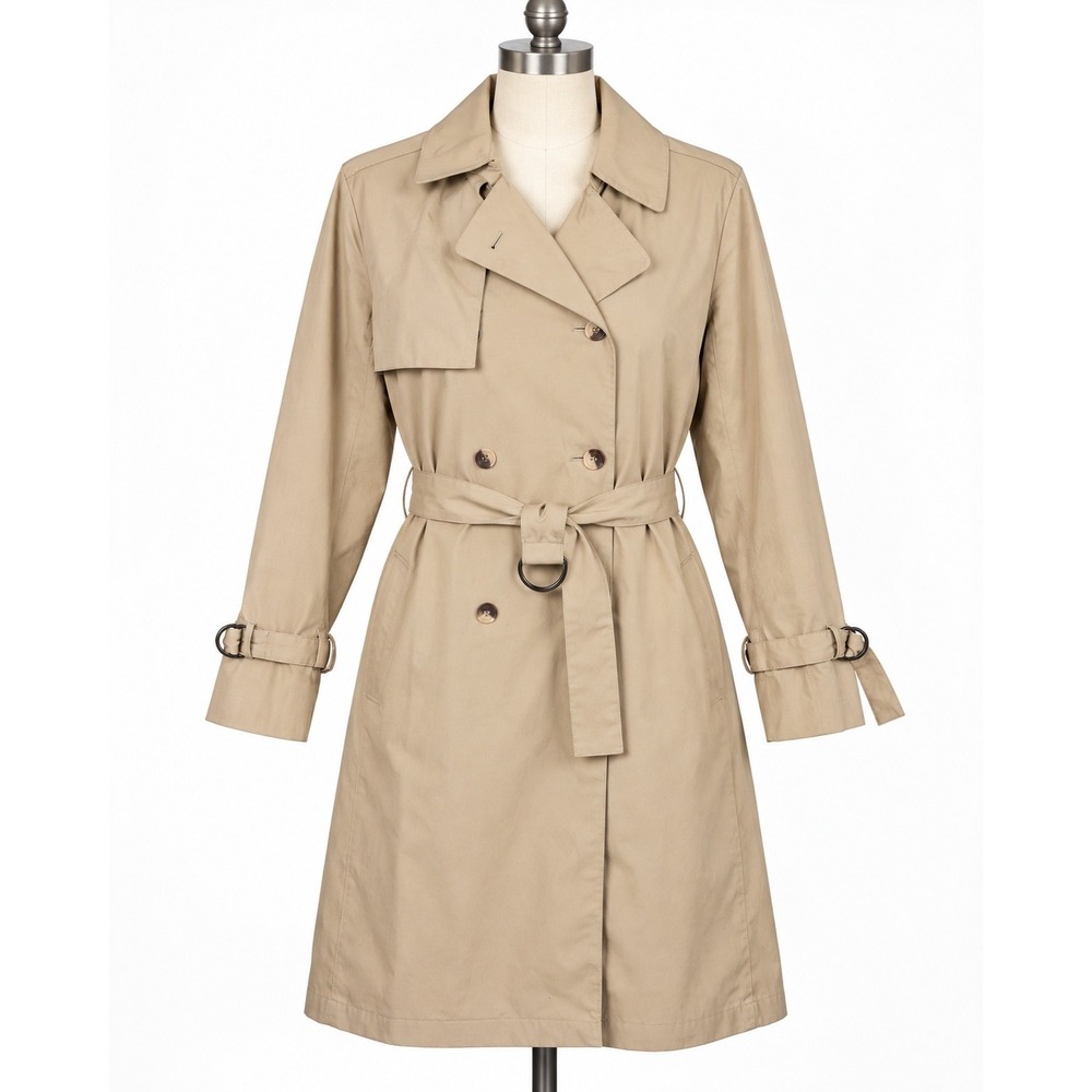 London Fog Trench Coat Womens 16 PET Tan Beige Excellent Double Breasted Belted